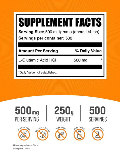 BulkSupplements.com L-Glutamic Acid HCl Powder - Amino Acid Supplement - 500mg per Serving, 250g
