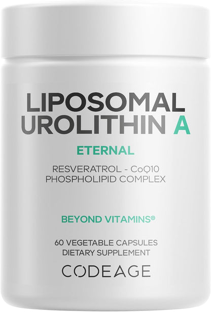 Codeage Liposomal Urolithin A Supplement 500mg Per Serving + Resveratrol, Betaine, CoQ10, Ellagitannins - A New Frontier Beyond NADH, NMN, NAD, NR, and PQQ Vitamins - Bio-available - 60 Capsules