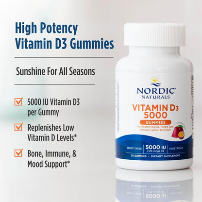 Nordic Naturals Vitamin D3 5000 IU Gummies, Passion Fruit, 30 Gummies
