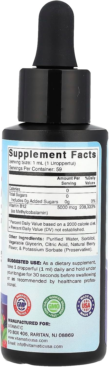 Vitamatic Fast-Acting Liquid Vitamin B12 – 5000 mcg Methylcobalamin – Natural Berry Flavour – Sublingual Formula – 60 ml - görsel 2