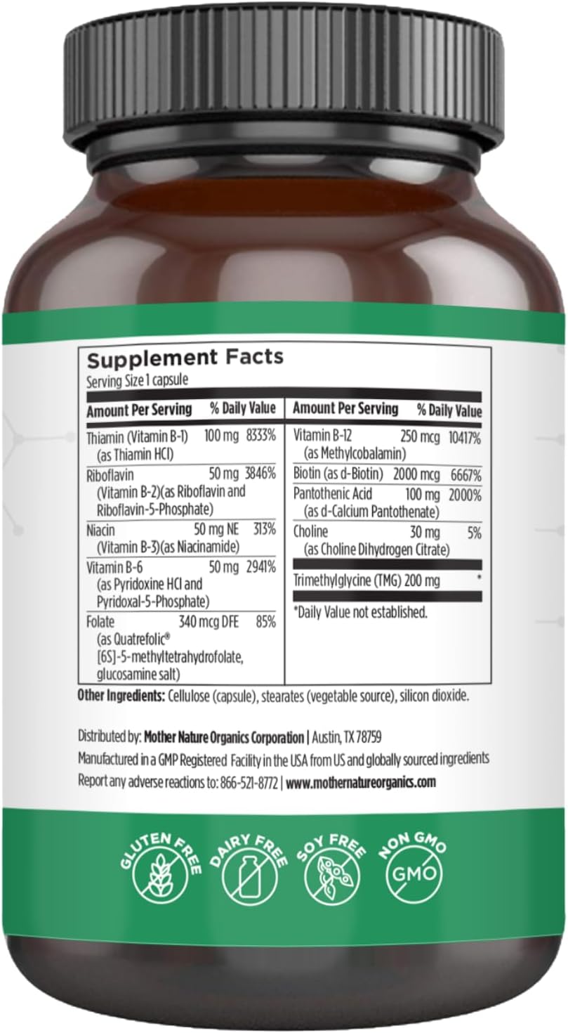 Mother Nature Organics Methylated B Complex – Bioactive B Vitamins for Energy, Brain & Heart – 120 Capsules - görsel 2