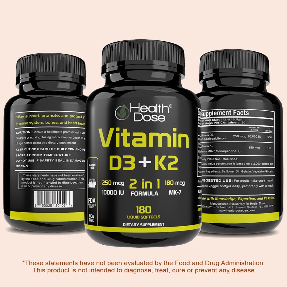 Health Dose Vitamin D3 10,000 IU + K2 (MK7) Food Supplement, 180 Softgels - görsel 8