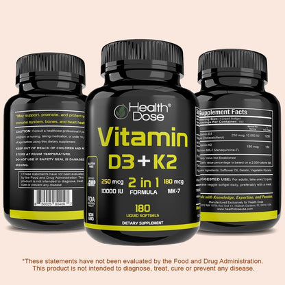 Health Dose Vitamin D3 10,000 IU + K2 (MK7) Food Supplement, 180 Softgels