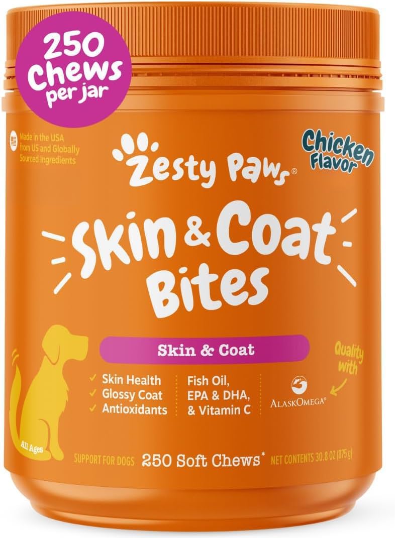 Zesty Paws Omega 3 Fish Oil for Dogs - Hip, Joint & Skin Support, Chicken Flavour, 250 Chews – Image 1