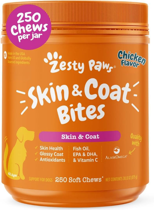 Zesty Paws Omega 3 Fish Oil for Dogs - Hip, Joint & Skin Support, Chicken Flavour, 250 Chews