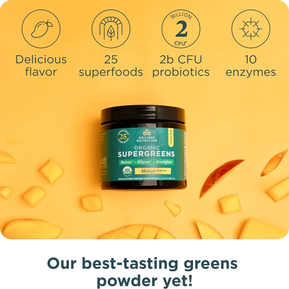 Ancient Nutrition SuperGreens Powder - Organic Mango Flavour, 12 Servings - görsel 4