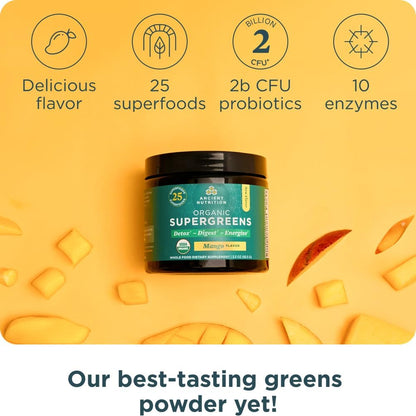 Ancient Nutrition SuperGreens Powder - Organic Mango Flavour, 12 Servings