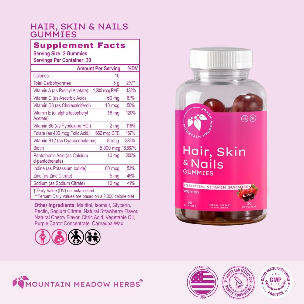 Mountain Meadow Herbs Hair, Skin and Nails Gummies - Essential Daily Support with Biotin (60 Count) - görsel 4