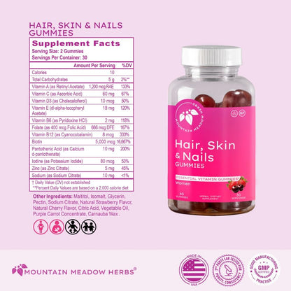 Mountain Meadow Herbs Hair, Skin and Nails Gummies - Essential Daily Support with Biotin (60 Count)