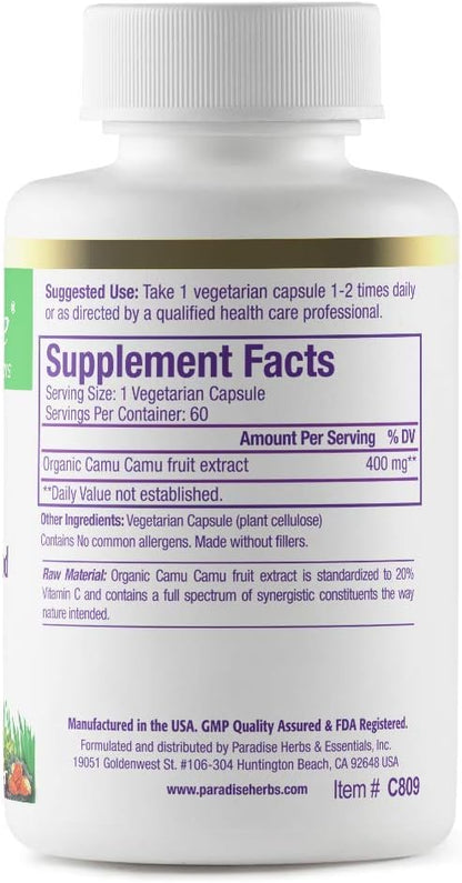 Paradise Herbs Organic Camu Camu Extract, 400 mg, 60 Capsules