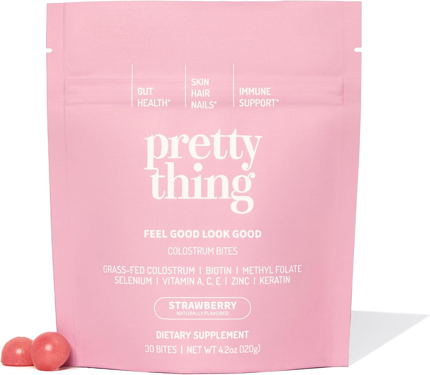 Pretty Thing Colostrum Bites for Women – 1g Bovine Colostrum Bites with Biotin, Folate, Zinc, Vitamins A, C, E – Beauty and Wellness Supplement for Hair, Skin, Gut, and Immune Health – 30 Pack - görsel 1