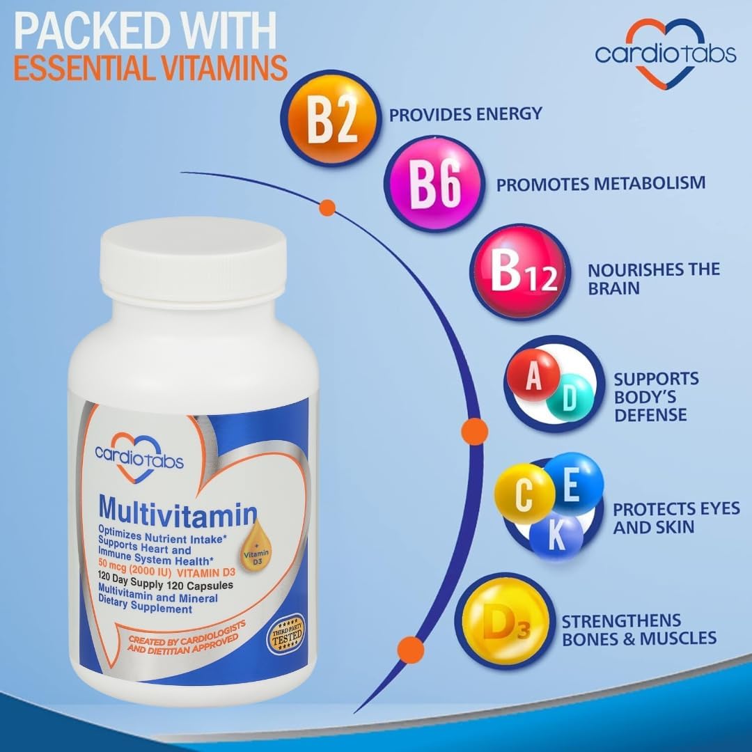 CardioTabs Multivitamin for Men & Women – Heart and Immune System Support with Vitamins A, C, D3, E, K, B-Complex, Minerals, CoQ10, Lutein, Lycopene – 120 Capsules - görsel 4