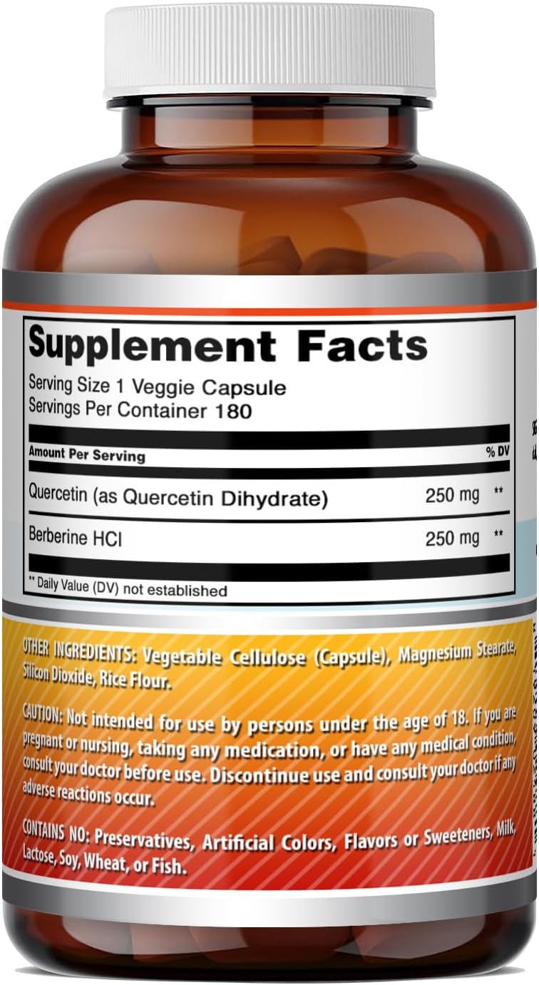 Amazing Formulae Quercetin Berberine - 250mg Berberine and 250mg Quercetin, 180 Vegetable Capsules | Non-GMO | Gluten-Free | Made in the USA | Suitable for Vegetarians - görsel 5