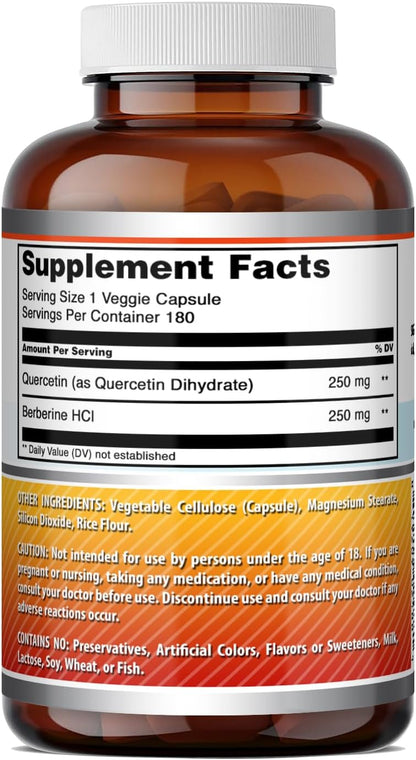 Amazing Formulae Quercetin Berberine - 250mg Berberine and 250mg Quercetin, 180 Vegetable Capsules | Non-GMO | Gluten-Free | Made in the USA | Suitable for Vegetarians