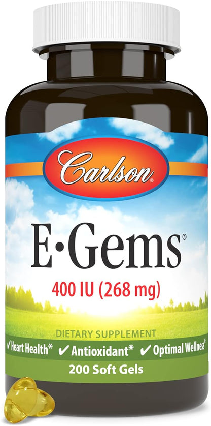 Carlson E-Gems Vitamin E 400 IU – Cardiovascular Health & Antioxidant Support, 200 Softgels