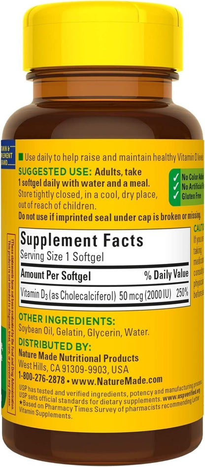 Nature Made Vitamin D3 2000 IU (50 µg) Liquid Softgels, 2-Pack (180 Softgels)