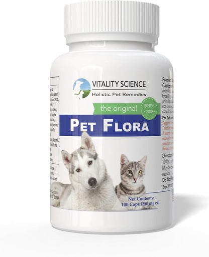 Vitality Science Pet Flora – Natural Probiotics for Cats and Dogs, Digestive Support Supplement, 250 Capsules