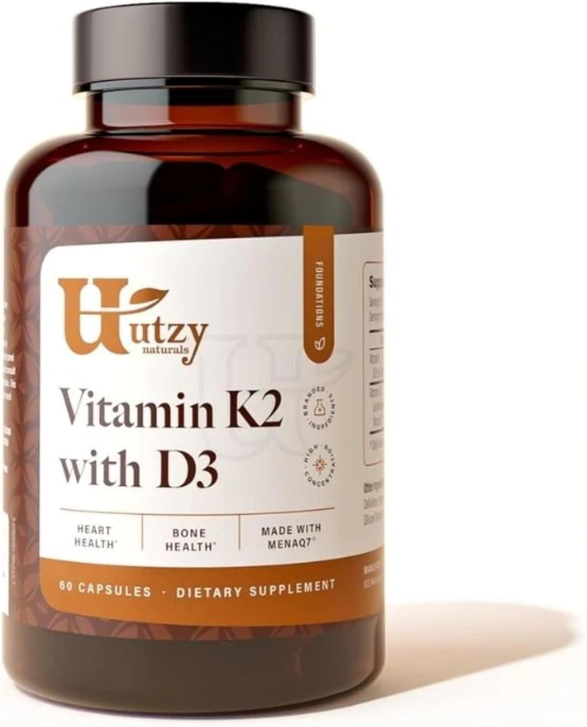 Utzy Naturals Vitamin K2 + D3 | High Strength K2 (MenaQ7) & D3 5000 IU | 60 Capsules - görsel 1