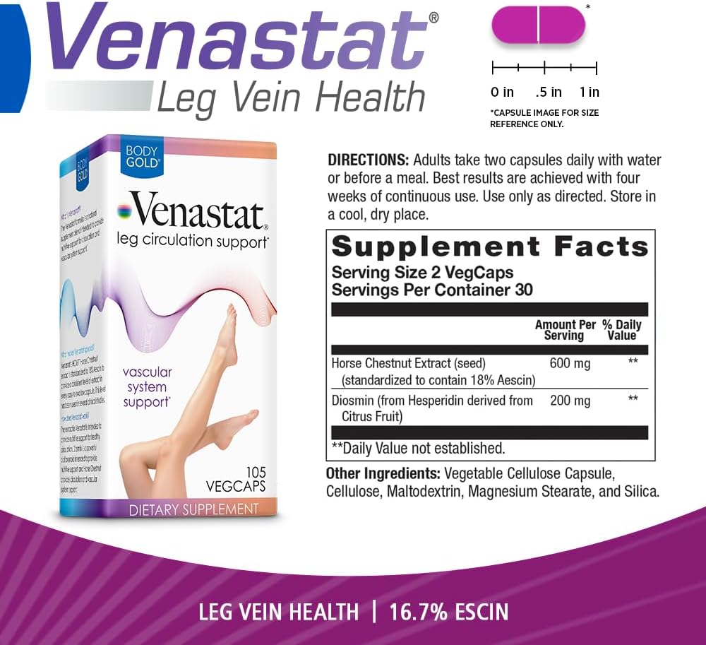 Body Gold Venastat - Leg Vein Support Supplement with Horse Chestnut & Diosmin, 105 Capsules - görsel 3