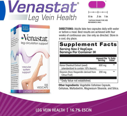 Body Gold Venastat - Leg Vein Support Supplement with Horse Chestnut & Diosmin, 105 Capsules
