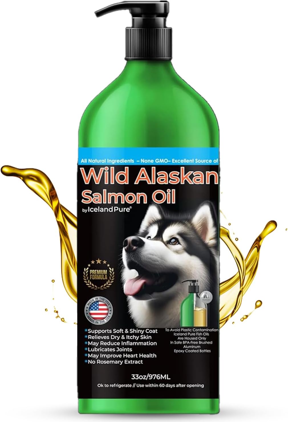 Wild Alaskan Salmon Oil for Dogs and Cats - 1,043 mg Omega-3 per Teaspoon, Salmon Oil & Pollock Blend, BPA-Free Brushed Aluminium Bottle with Pump, 33 fl oz (976 ml) - görsel 1