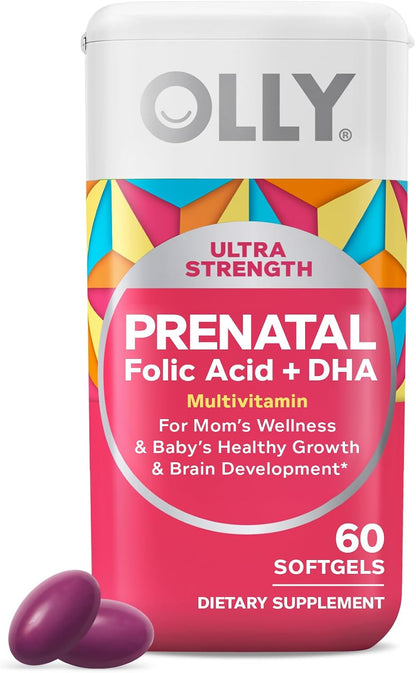 OLLY Ultra Strength Prenatal Multivitamin Softgels with DHA, Folic Acid, Iron, Vitamins B, C, D, E – 60 Softgels (30 Day Supply)