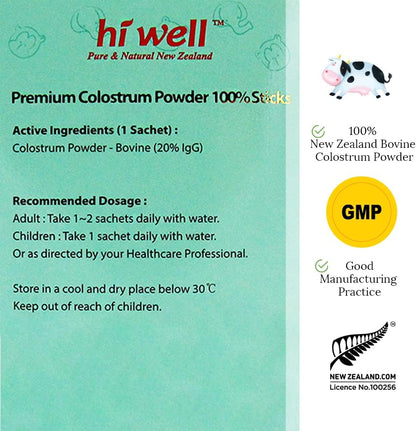 Hi Well Premium Grass-Fed Colostrum Powder, 60g (2g x 30 Sticks)