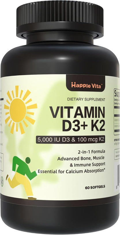 HappieVita Vitamin D3 & K2, 5000 IU (125 µg) + 100 µg, 60 Soft gel capsules