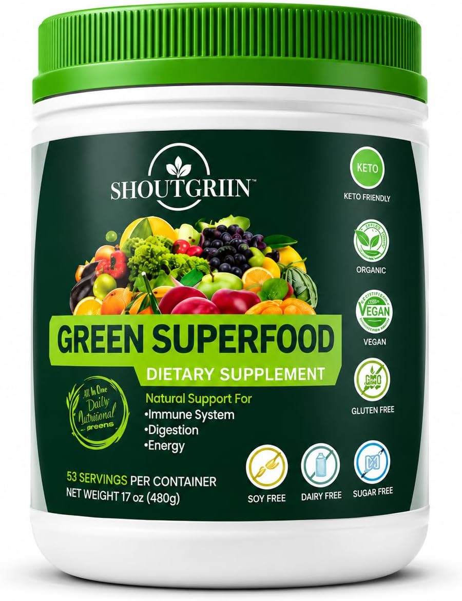 SHOUTGRIIN Green Superfood Powder – Organic Super Greens with 100 Billion CFU Probiotics & Digestive Enzymes - görsel 9