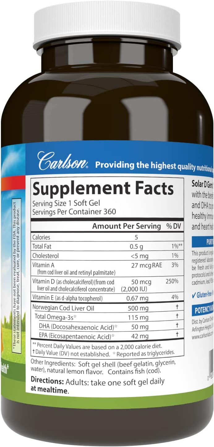 Carlson Solar D Gems, Vitamin D3 and Omega-3 Supplement, 2000 IU, Lemon Flavour, 360 Softgels - görsel 2
