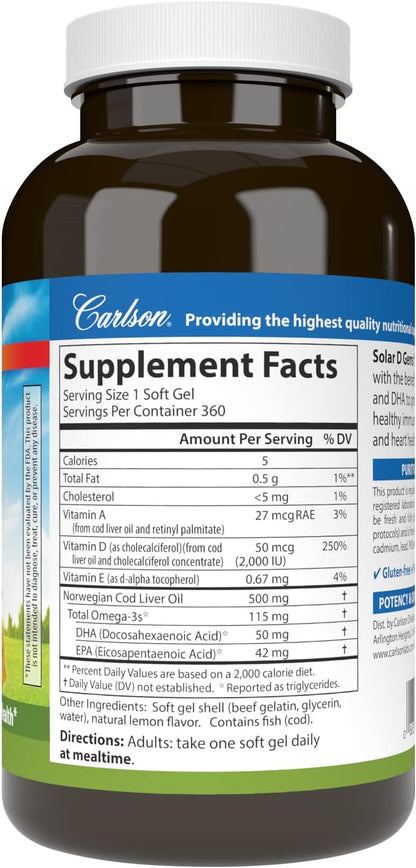 Carlson Solar D Gems, Vitamin D3 and Omega-3 Supplement, 2000 IU, Lemon Flavour, 360 Softgels