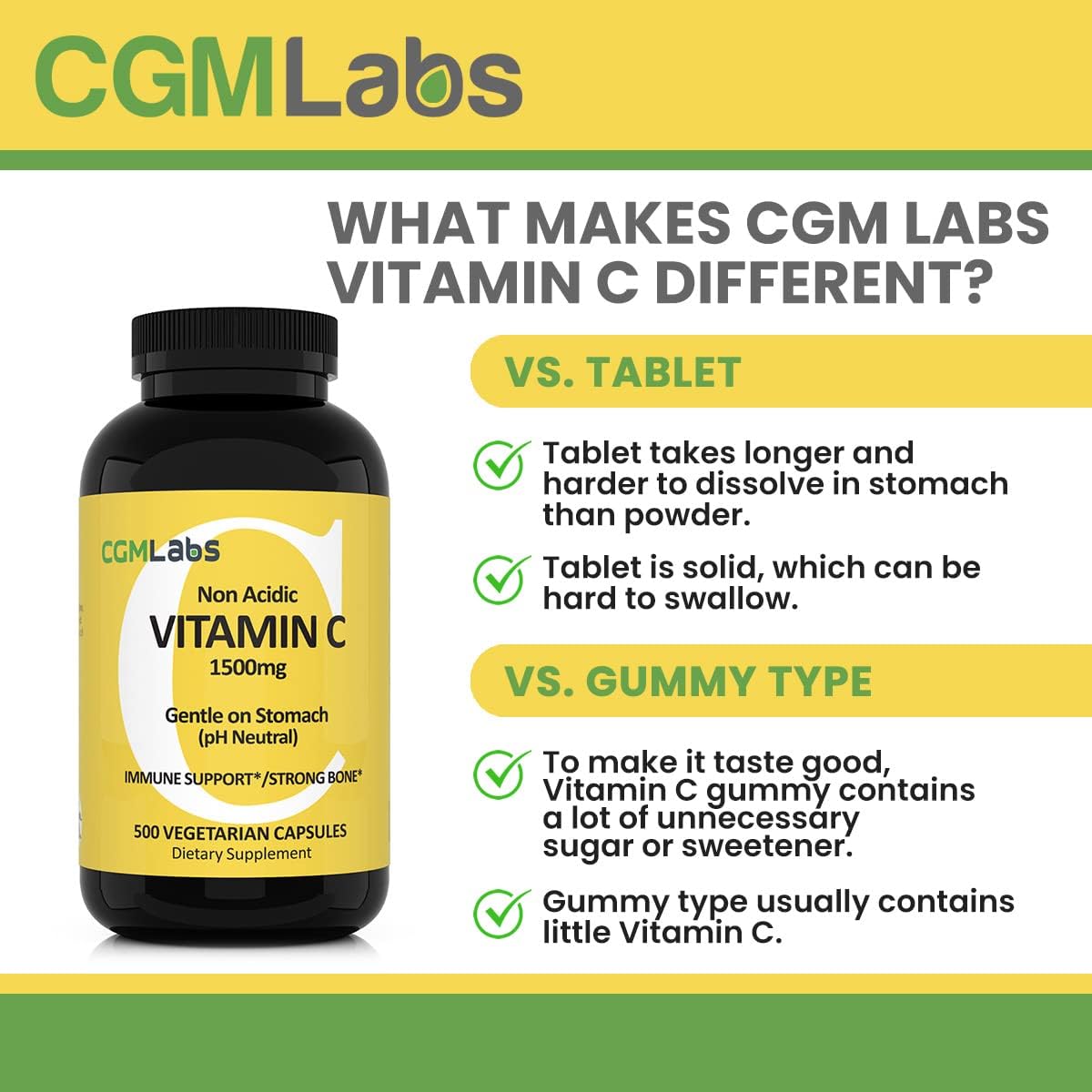 CGMLABS Non Acidic Vitamin C Food Supplement 1500mg with Calcium - Gentle on the Stomach, Immune & Bone Support (500 Capsules) - görsel 3