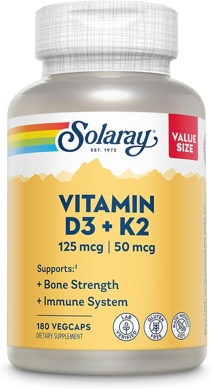 Solaray Vitamin D3 K2 – 5000 IU & 50 mcg Vitamin K2 MK-7, 120 Vegetarian Capsules