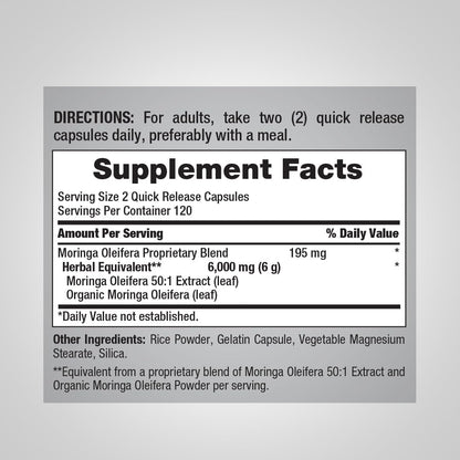Piping Rock Moringa Oleifera Supplement | 240 Capsules | High Potency Leaf Extract | Non-GMO & Gluten-Free