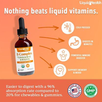 LIQUIDHEALTH USDA Organic Vitamin B Complex Drops – Extra Strength, Sugar Free, Vegan (60 ml)