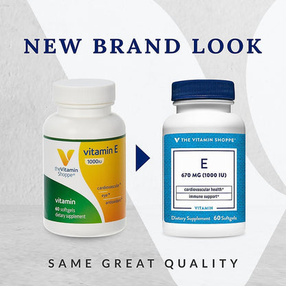 The Vitamin Shoppe Vitamin E 1,000 IU - Antioxidant Support for Skin Health & Immune Function, Daily Vitamin (60 Softgels)