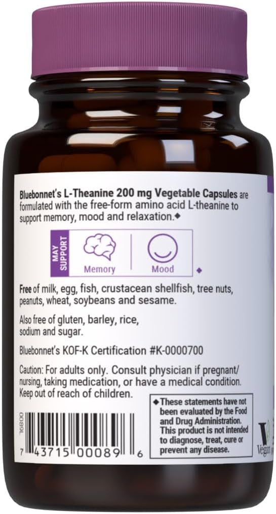 BlueBonnet L-Theanine 200mg Daily Nootropic Promotes Relaxation for Women & Men* - Free Form Amino Acid L Theanine Supplement - Non-GMO, Vegan, Gluten-Free - 30 Vegetable Capsules - görsel 3