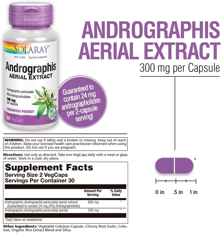 SOLARAY Andrographis 600mg - Immune Support Supplement for Men and Women - Standardised to 4% Andrographolides - Vegan, Non-GMO, Lab-Tested - 60 Vegan Capsules - görsel 3
