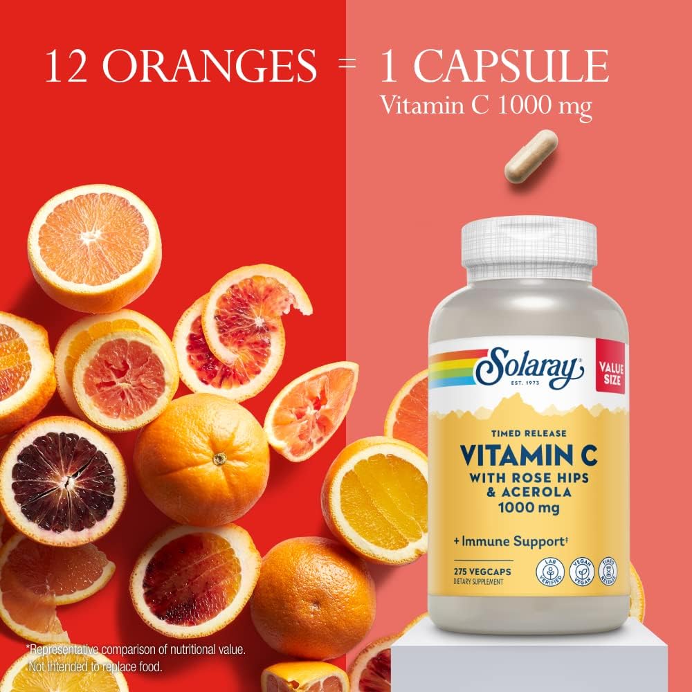 SOLARAY Vitamin C 1000mg - Time Release Vitamin C Capsules with Rose Hips and Acerola - Vegan, 275 VegCaps - görsel 4