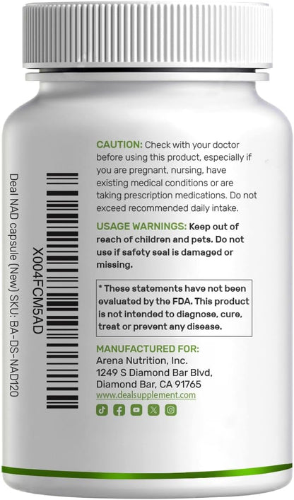NAD+ Resveratrol Supplement 1,000mg Per Serving, 120 Vegetable Capsules