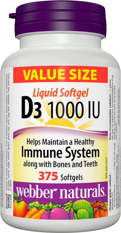 Webber Naturals Vitamin D3 1000 IU, 375 Softgels