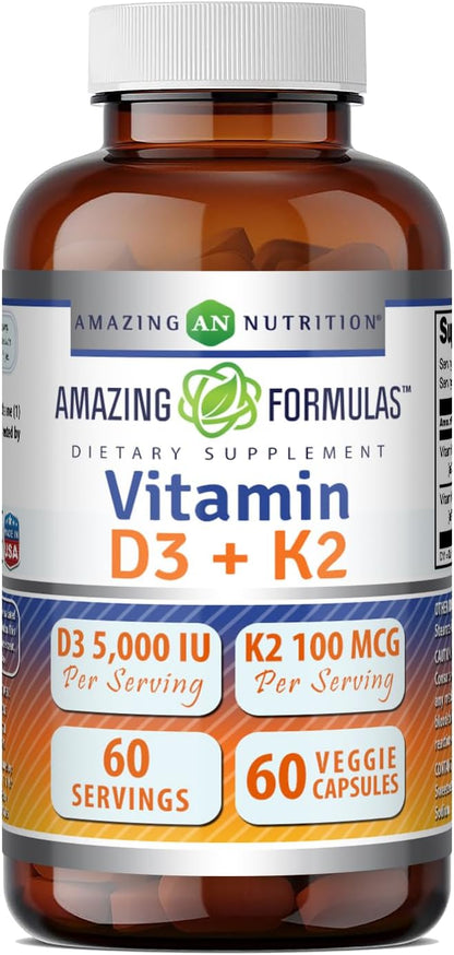 Amazing Formulae Vitamin D3 5000 IU with Vitamin K2 100 mcg, 250 Veggie Capsules