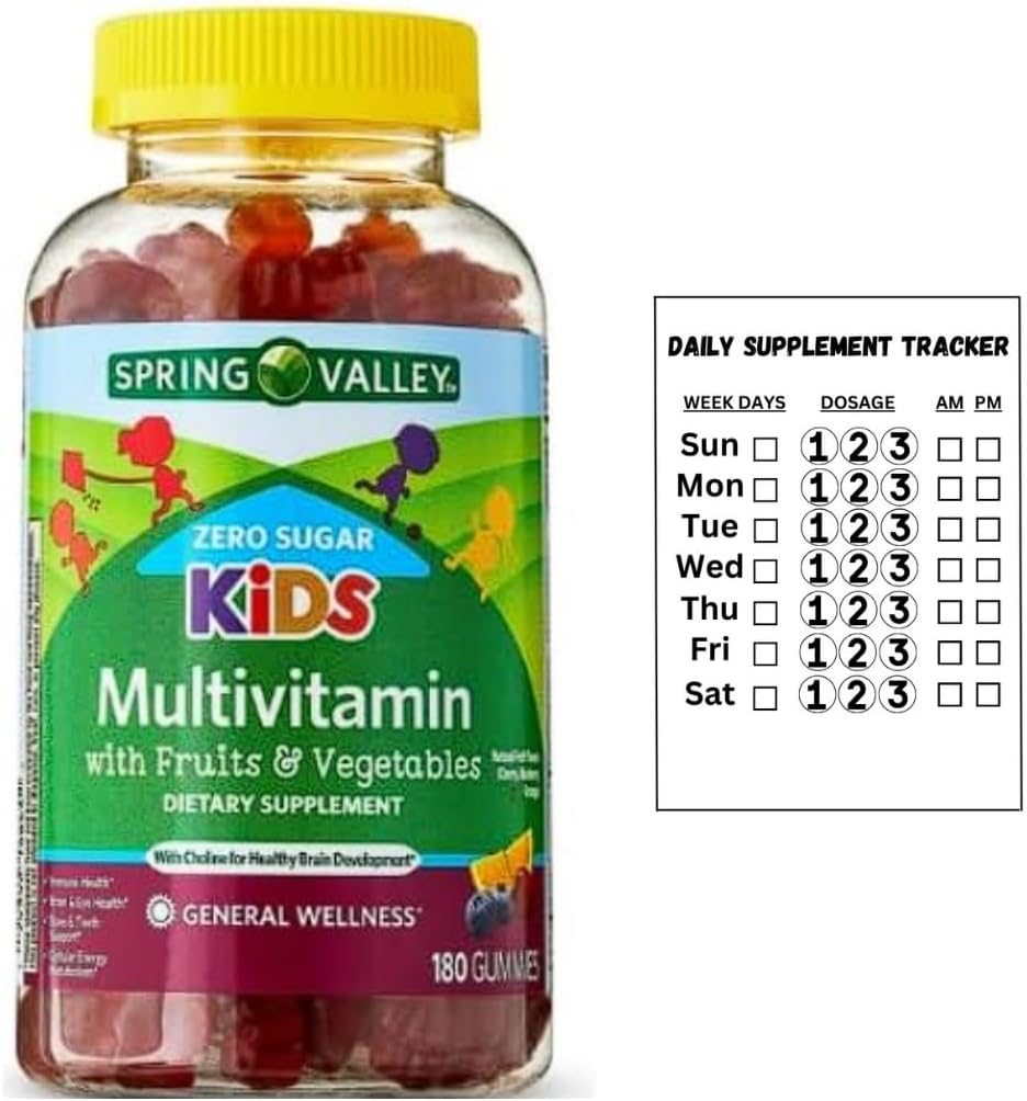 Spring Valley Zero Sugar Kids Multi Gummy, 180 Count + Daily Supplement Tracker Sticker - görsel 1