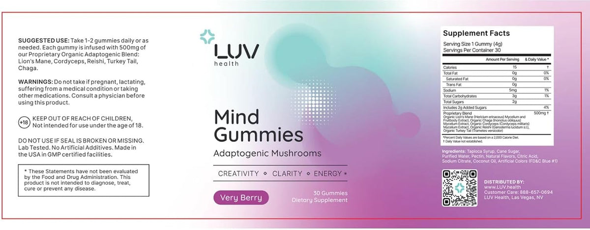 LUV health Mind Gummies – Food Supplement with Organic Mushrooms for Focus, Energy & Immune Support – 30 Gummies - görsel 7