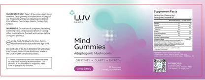 LUV health Mind Gummies – Food Supplement with Organic Mushrooms for Focus, Energy & Immune Support – 30 Gummies