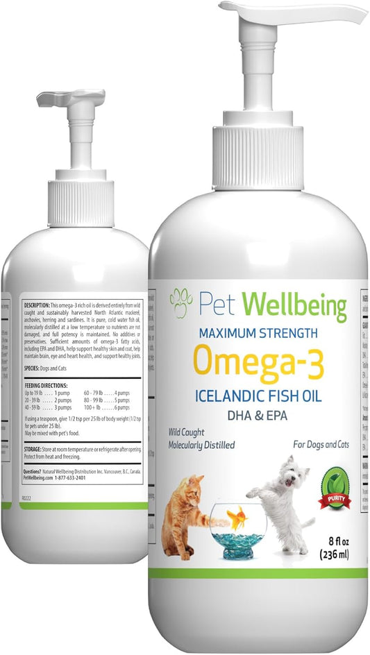 Pet Wellbeing Omega-3 Icelandic Fish Oil for Dogs - Wild-Caught Cold-Water Fish Oil - Supports Joint Health, Skin & Coat - 236 ml