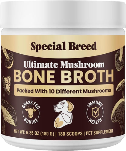 Beef Bone Broth for Dogs – High Protein Powder with Ten Organic Mushrooms and Collagen