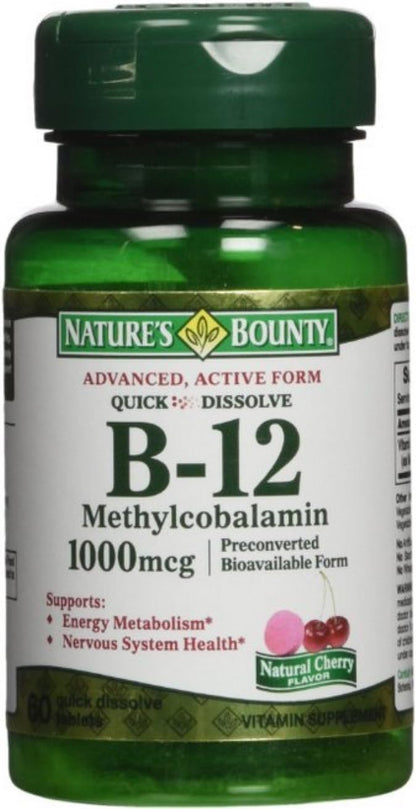 Nature's Bounty B-12 1000 mcg Microlozenges, Natural Cherry Flavour, 60 Count (Pack of 4)