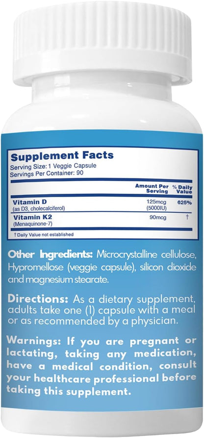 VAL Vitamin D3 + K2 (MK-7) 5000 IU & 90 mcg – Bone and Immune Support – High Potency, Non-GMO, Easy to Swallow – 90 Vegan Capsules