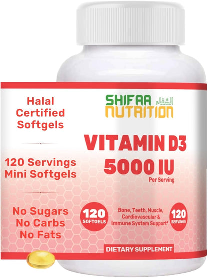 SHIFAA NUTRITION Halal Vitamin D3 5000 IU Softgels - 120 Capsules